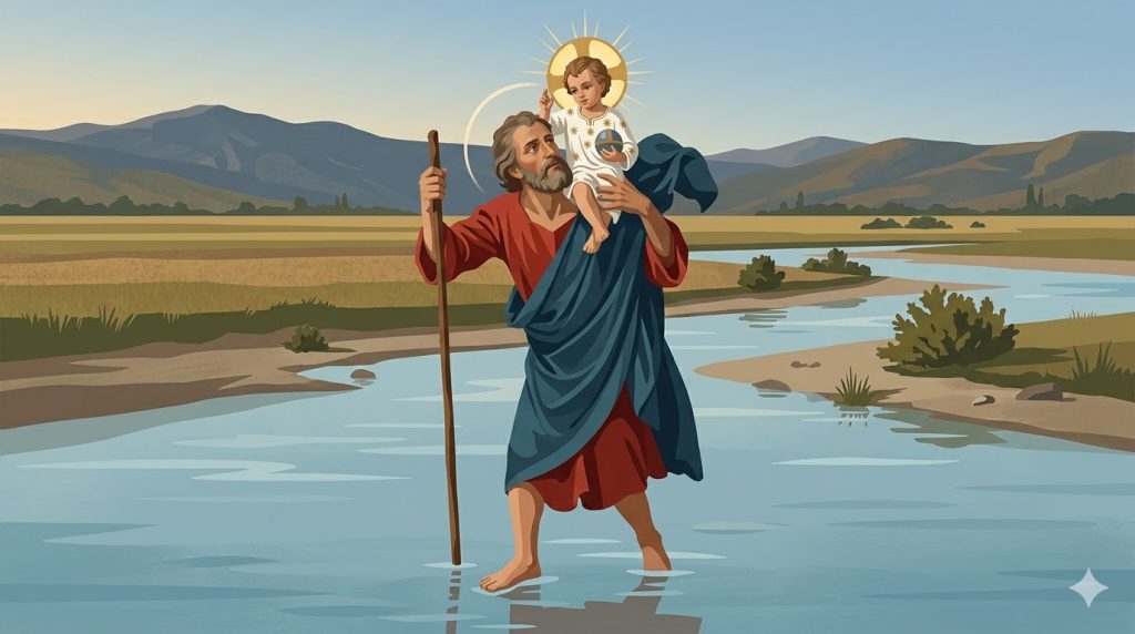 L’appel de Saint Christophe - un homme traversant des eaux calmes portant un enfant rayonnant sur ses épaules